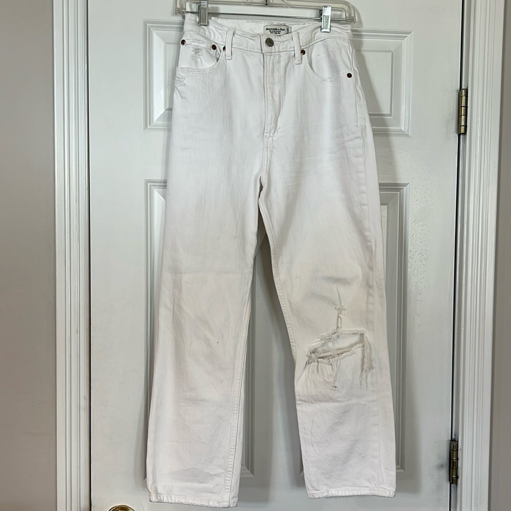 Abercrombie & Fitch white denim jeans,  distressed, high rise,ankle straight leg